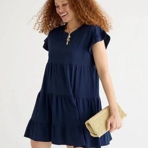 J Crew navy blue t-shirt tiered babydoll dress flowy ruffle cap sleeve size S